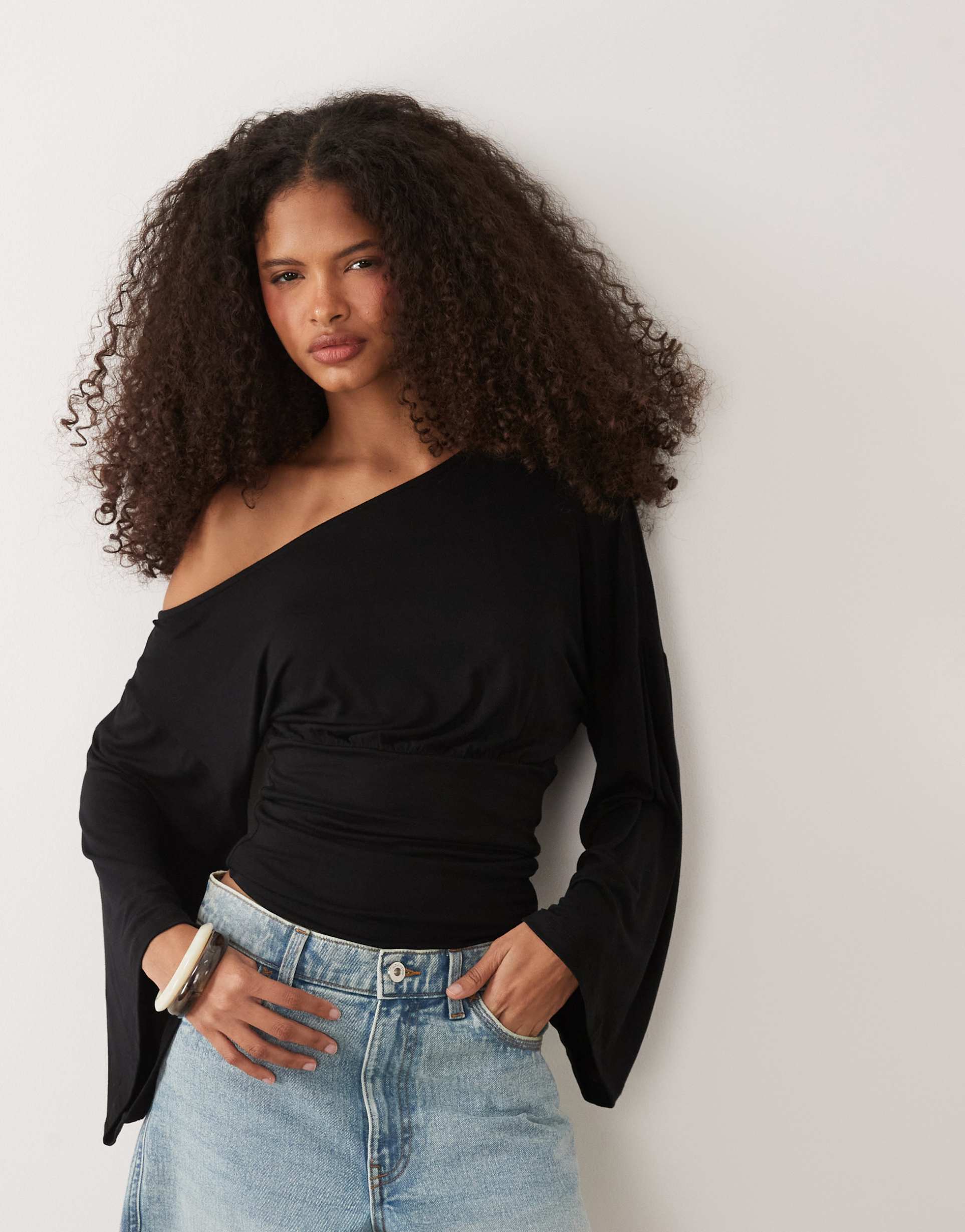 asos design fallen shoulder cinched waist top in black