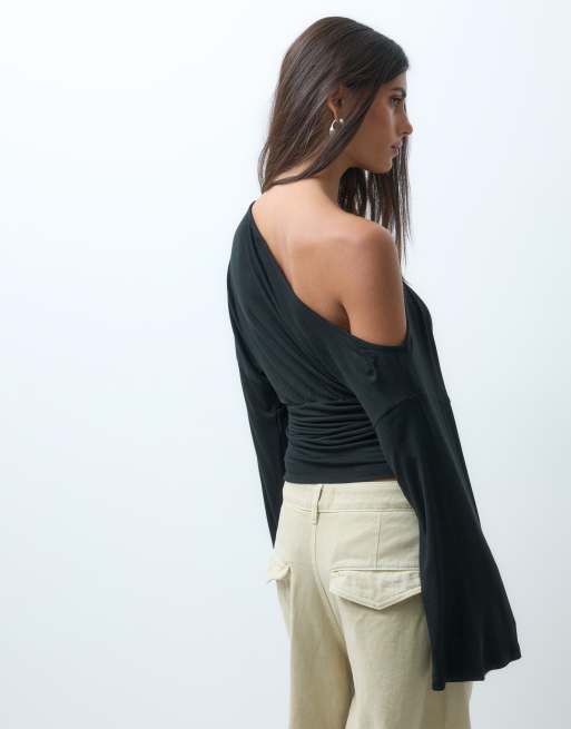 ASOS DESIGN fallen shoulder cinched waist top in black, 2 of 4