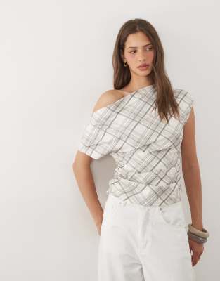 Asos Design Fallen Shoulder Cinched Waist Top In White