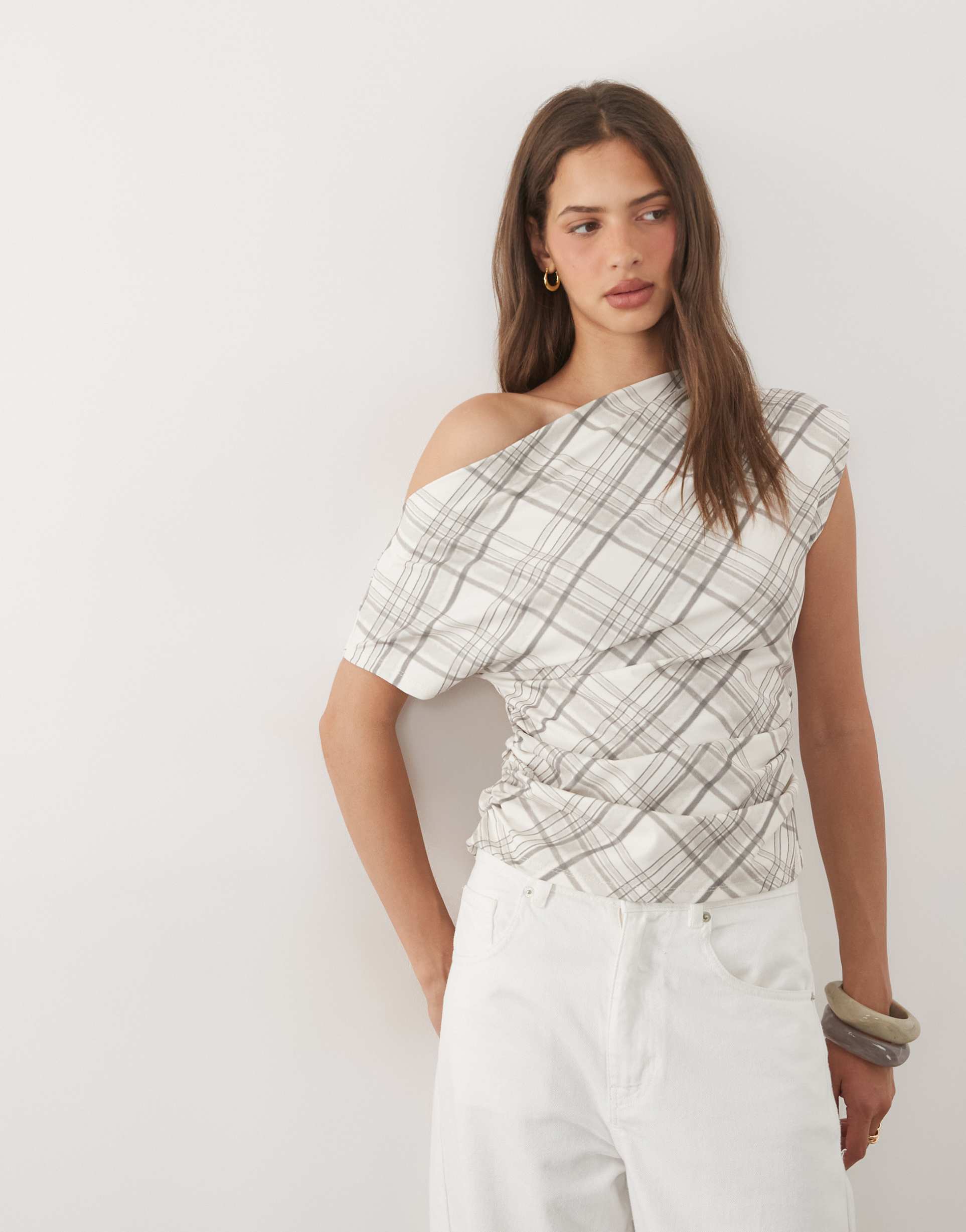 asos design fallen shoulder cinched waist top in check print