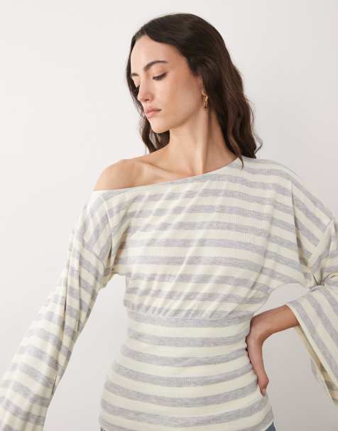 ASOS DESIGN fallen shoulder cinched waist top in grey and ecru stripe - view 1