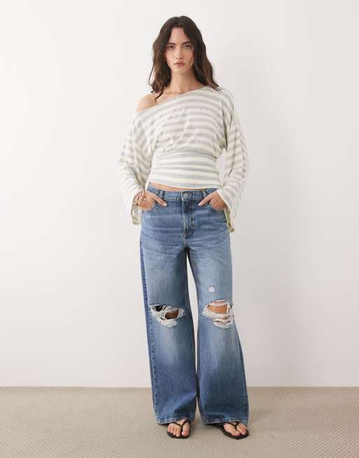 ASOS DESIGN fallen shoulder cinched waist top in grey and ecru stripe, 2 of 4