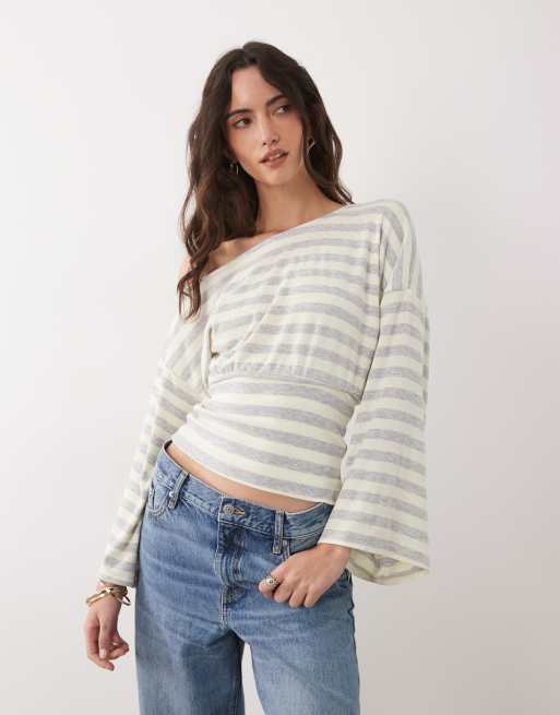 ASOS DESIGN fallen shoulder cinched waist top in grey and ecru stripe, 3 of 4