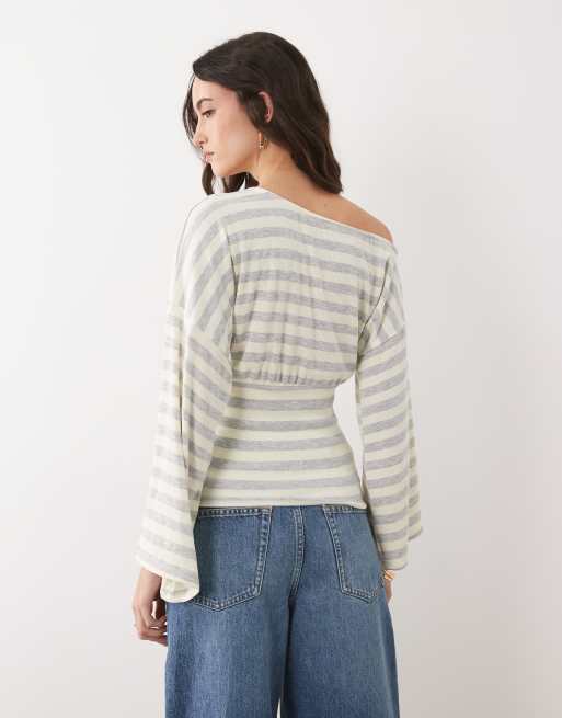 ASOS DESIGN fallen shoulder cinched waist top in grey and ecru stripe, 4 of 4