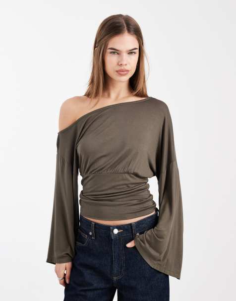 ASOS DESIGN fallen shoulder cinched waist top in khaki green - view 1