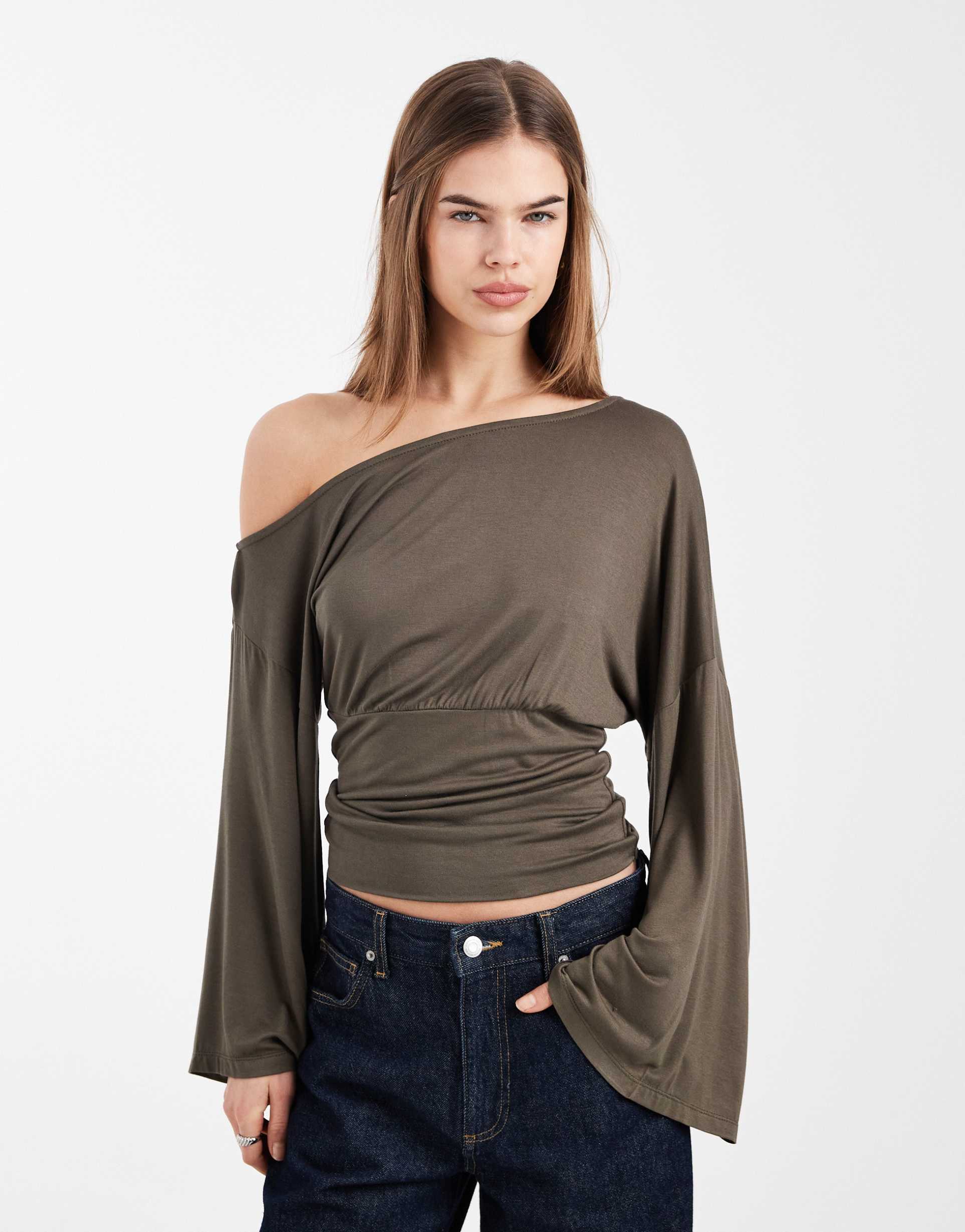asos design fallen shoulder cinched waist top in khaki green