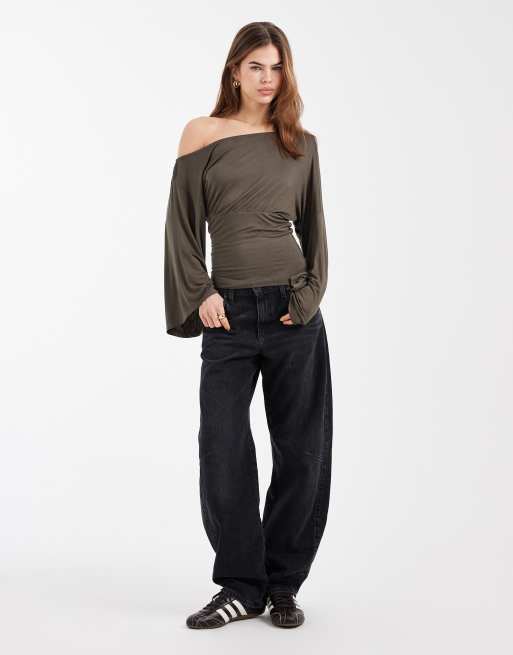 ASOS DESIGN fallen shoulder cinched waist top in khaki green, 2 of 4