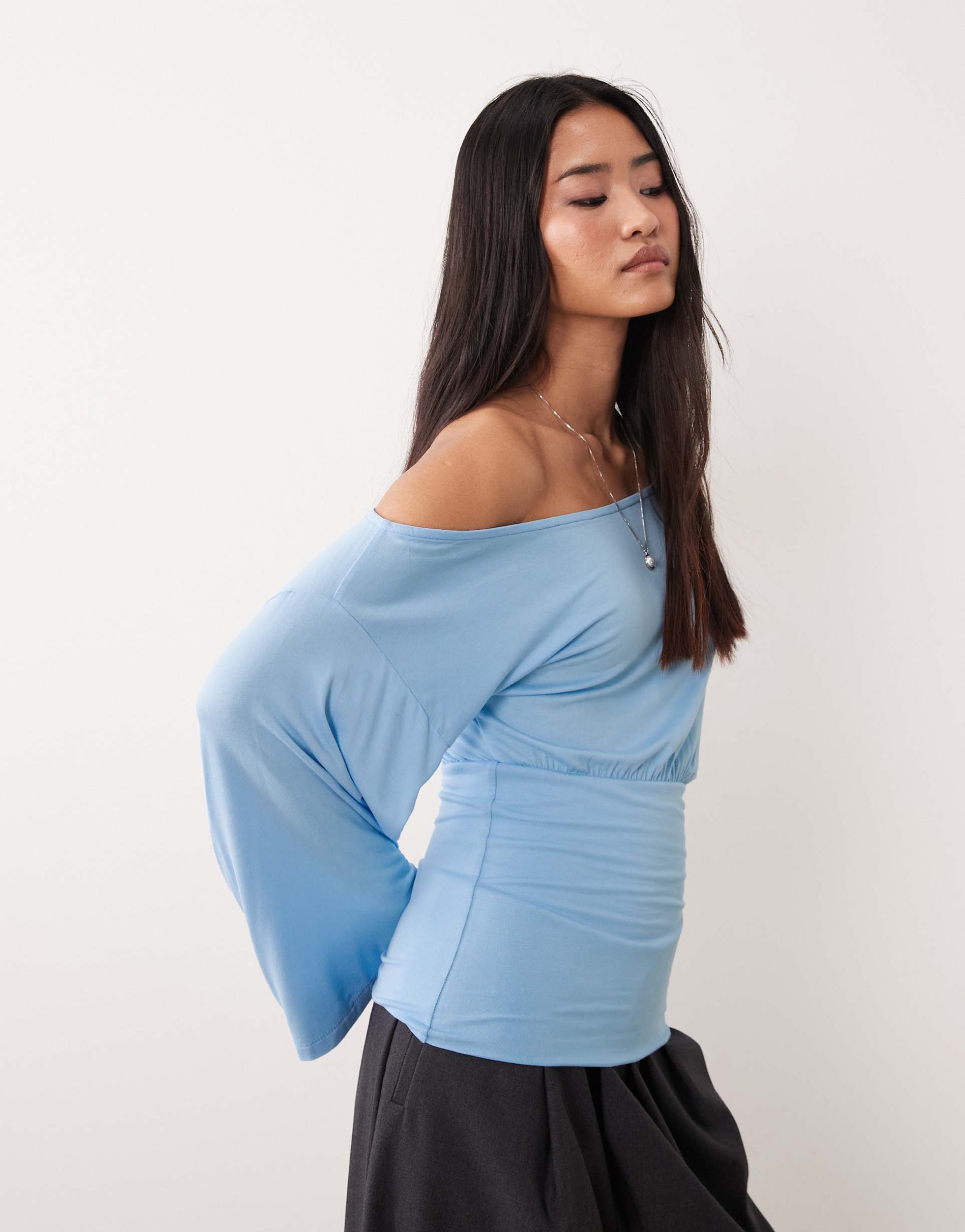 asos design fallen shoulder cinched waist top in light blue
