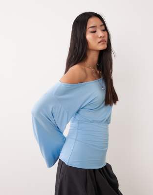 Asos Design Fallen Shoulder Cinched Waist Top In Blue