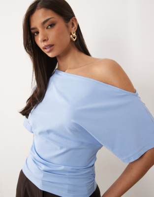 Asos Design Fallen Shoulder Cinched Waist Top In Blue