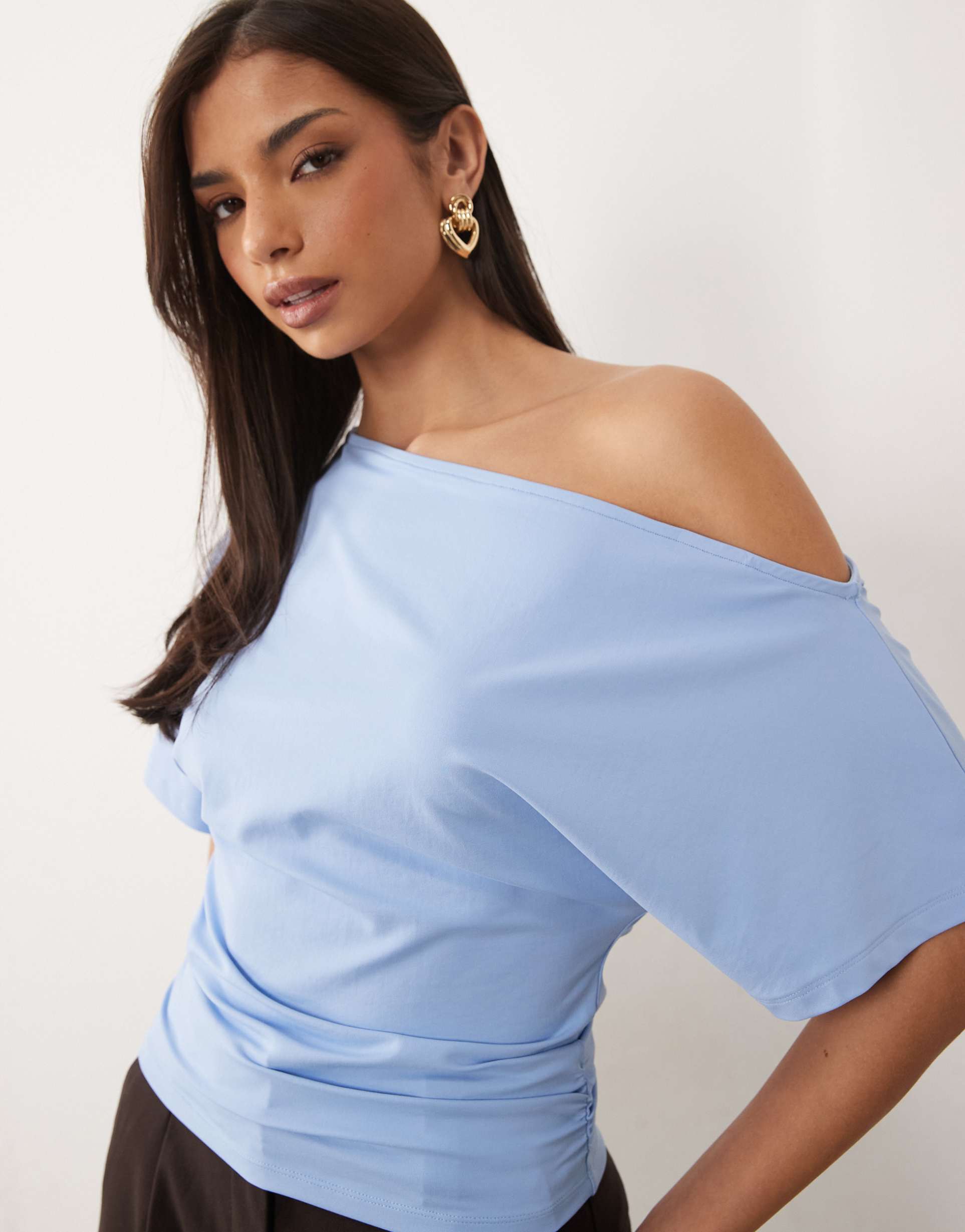 asos design fallen shoulder cinched waist top in light blue