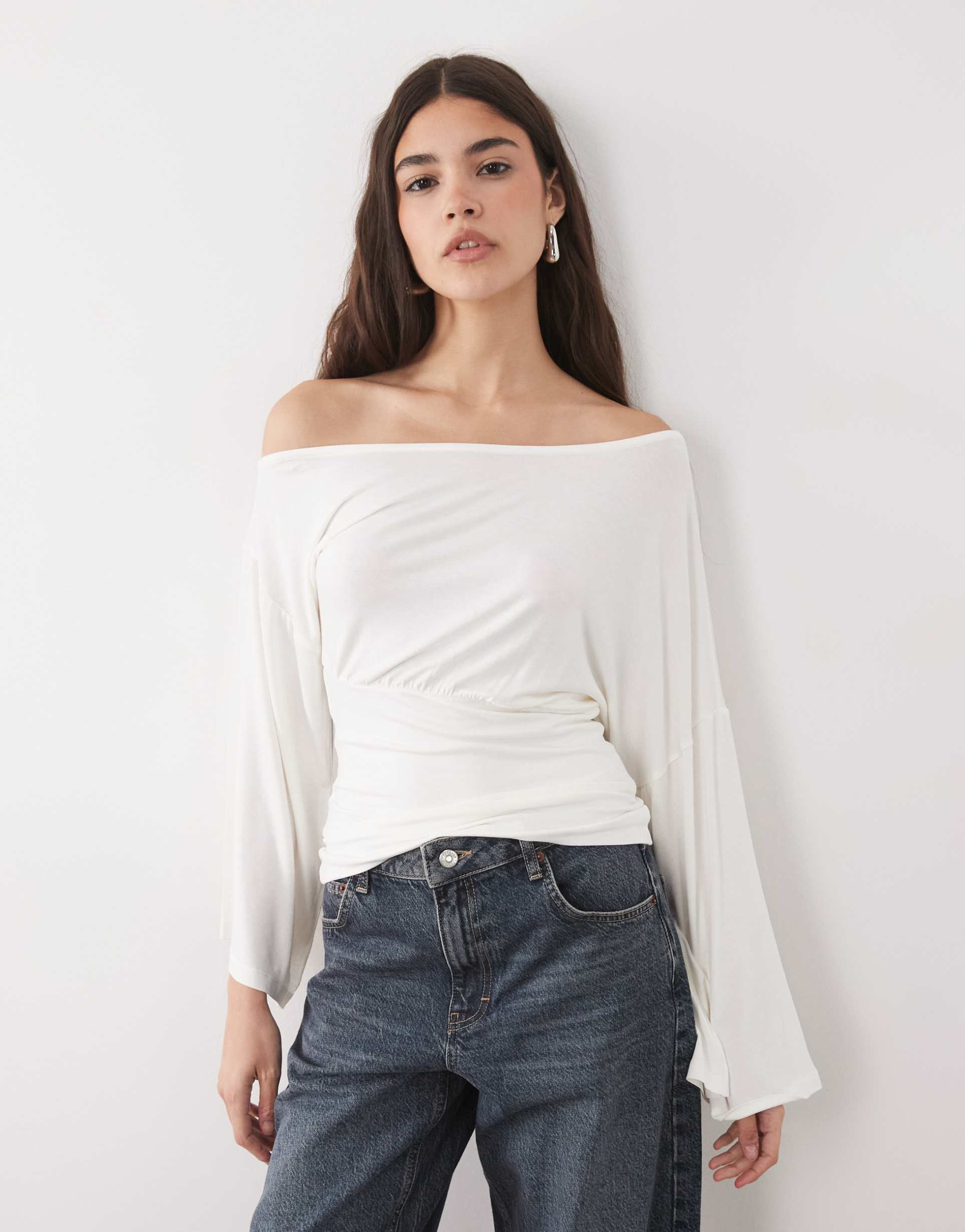 asos design fallen shoulder cinched waist top in white