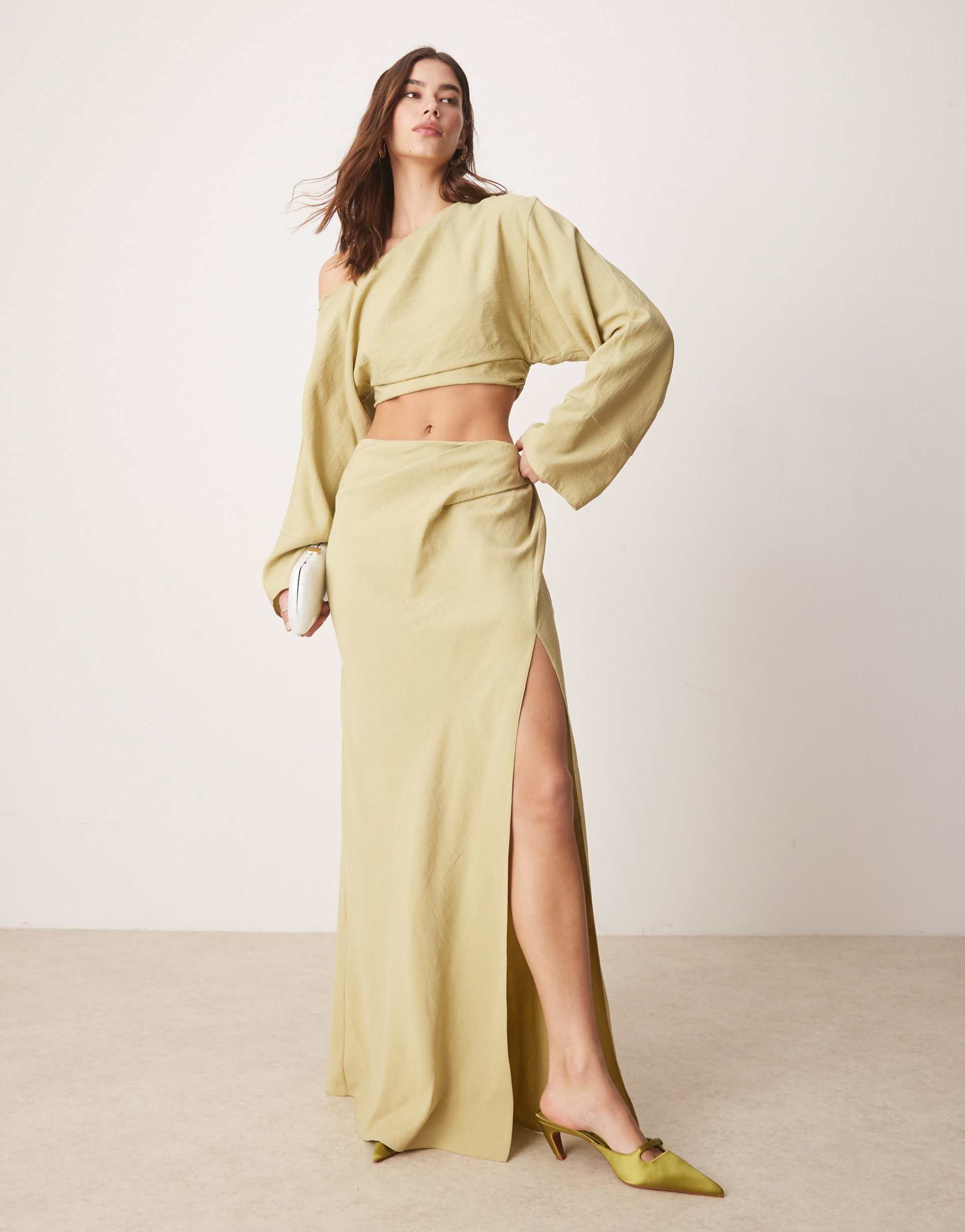 asos design fallen shoulder cut-out midaxi dress in light olive