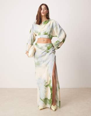 asos design fallen shoulder cut-out midaxi dress in watercolor floral