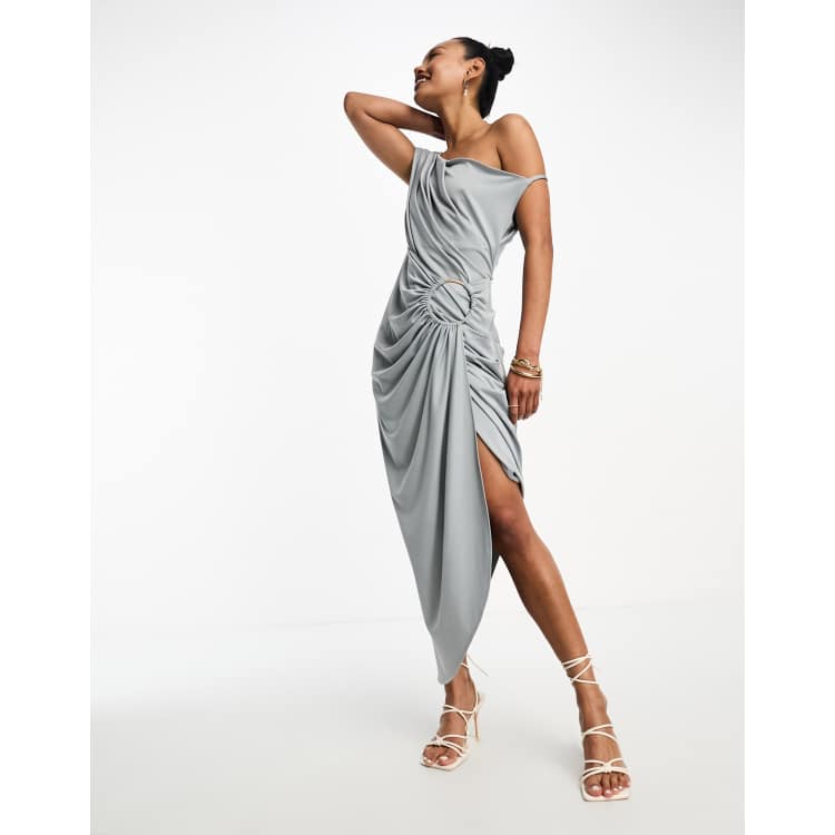ASOS DESIGN fallen shoulder draped ring detail midi dress in soft grey |  ASOS