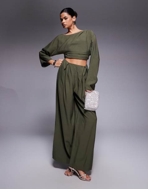 ASOS DESIGN fallen shoulder fauxord jumpsuit in khaki - view 1