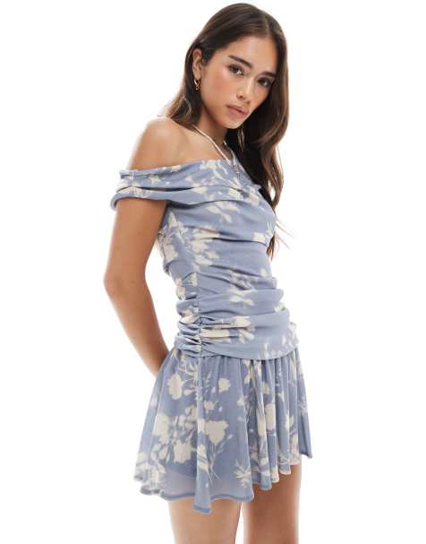 ASOS DESIGN fallen shoulder flippy mini dress in blue print - view 1