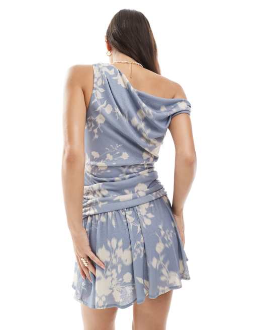 ASOS DESIGN fallen shoulder flippy mini dress in blue print