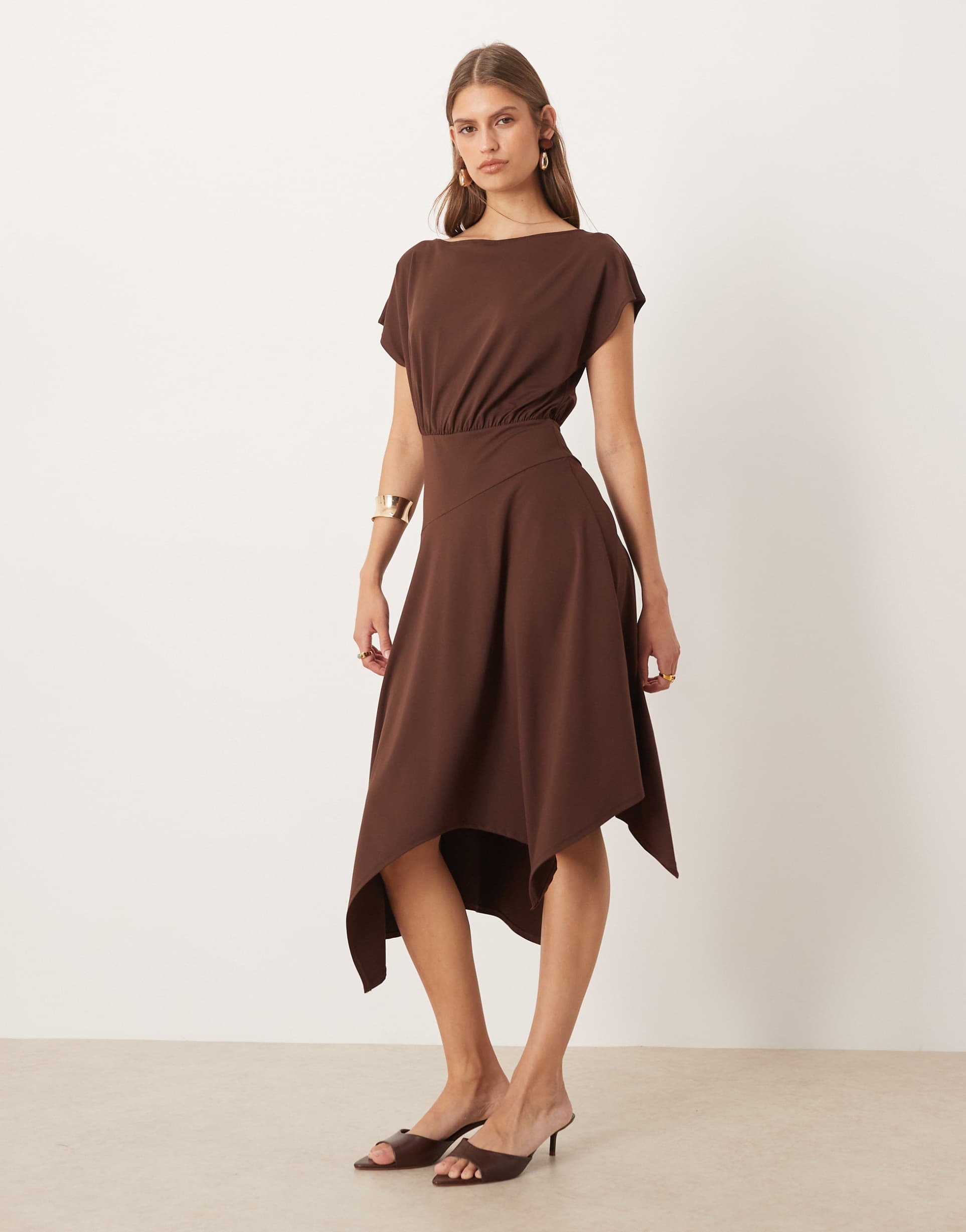 asos design fallen shoulder hanky hem midi dress in chocolate