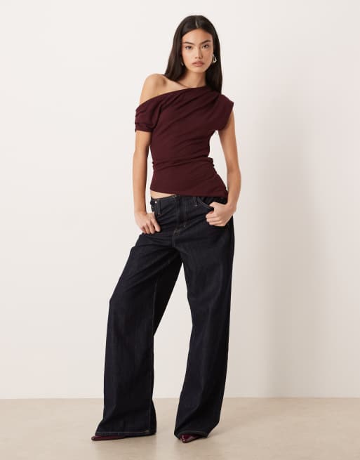 ASOS DESIGN fallen shoulder knit look top in berry, 2 of 4