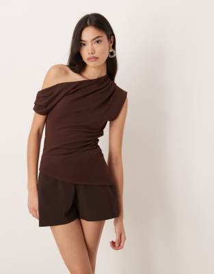Asos Design Fallen Shoulder Knit Look Top In Brown