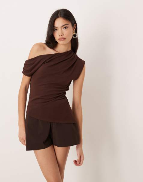 ASOS DESIGN fallen shoulder knit look top in brown - view 1