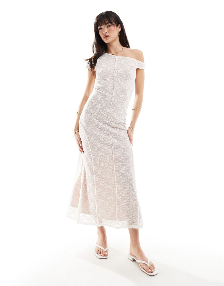 ASOS DESIGN fallen shoulder lace midi dress with seam detail in white