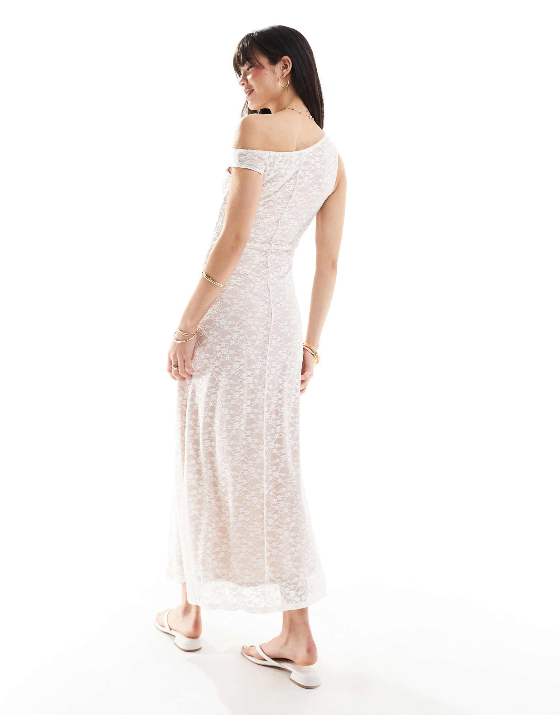 asos design fallen shoulder lace midi dress with seam detail in white