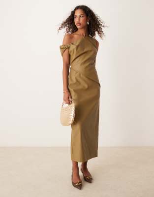 fallen shoulder leather look midi dress with pleat waist in olive-Green