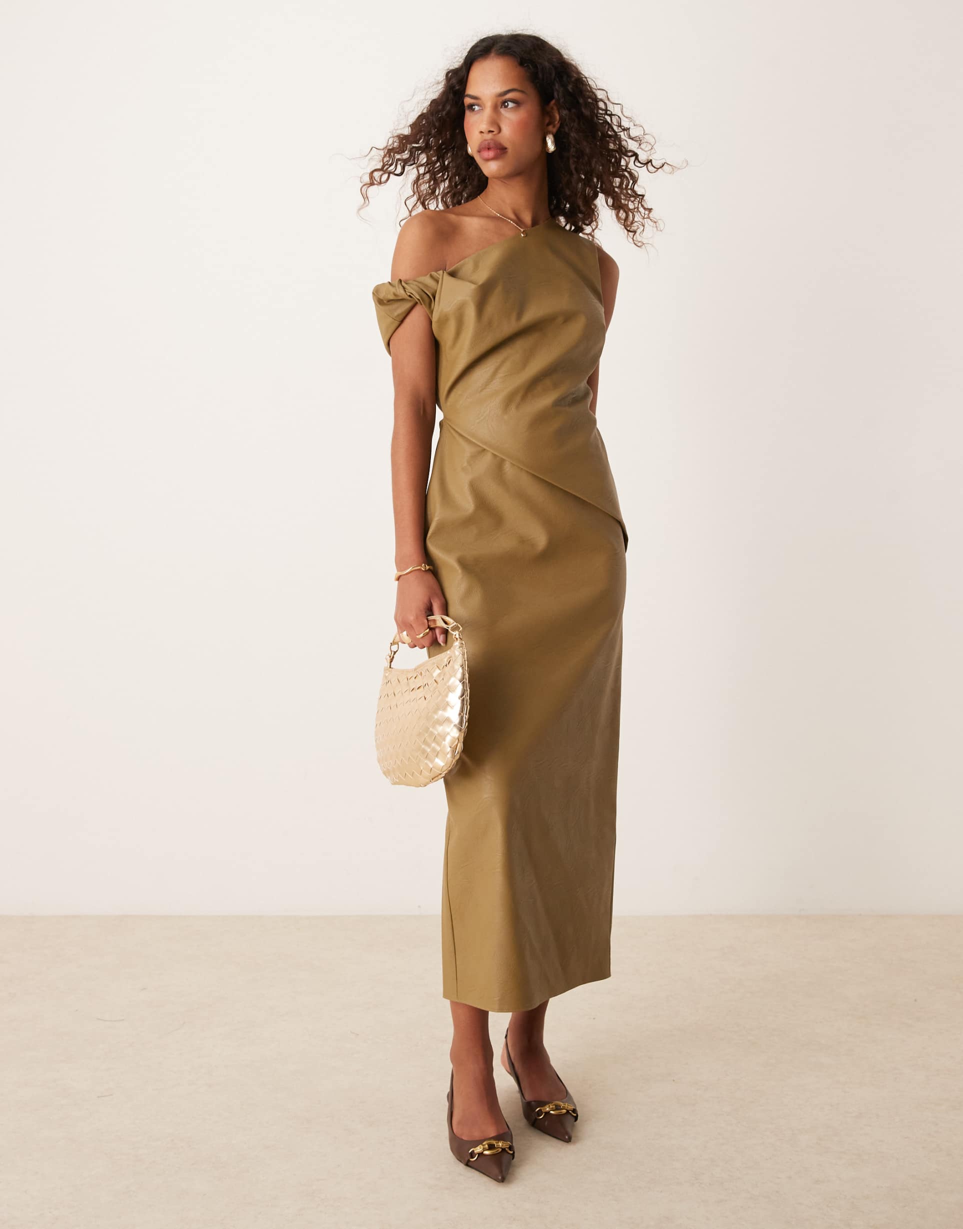 asos design fallen shoulder leather look midi dress with pleat waist in olive