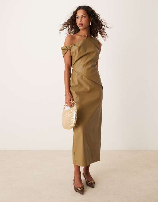 ASOS DESIGN fallen shoulder leather look midi dress with pleat waist in olive