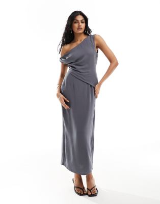 Asos Design Fallen Shoulder Linen Look Midi Dress With Pleat Waist In Charcoal-gray