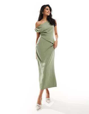 Asos Design Fallen Shoulder Linen Look Midi Dress With Pleat Waist In Sage-green