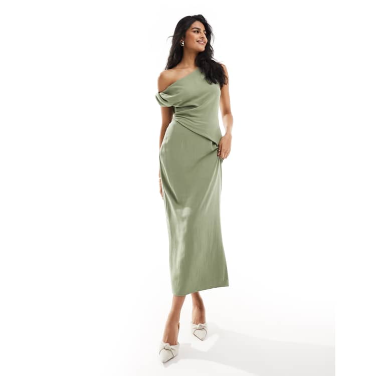 ASOS DESIGN fallen shoulder linen look midi dress with pleat waist in sage  | ASOS