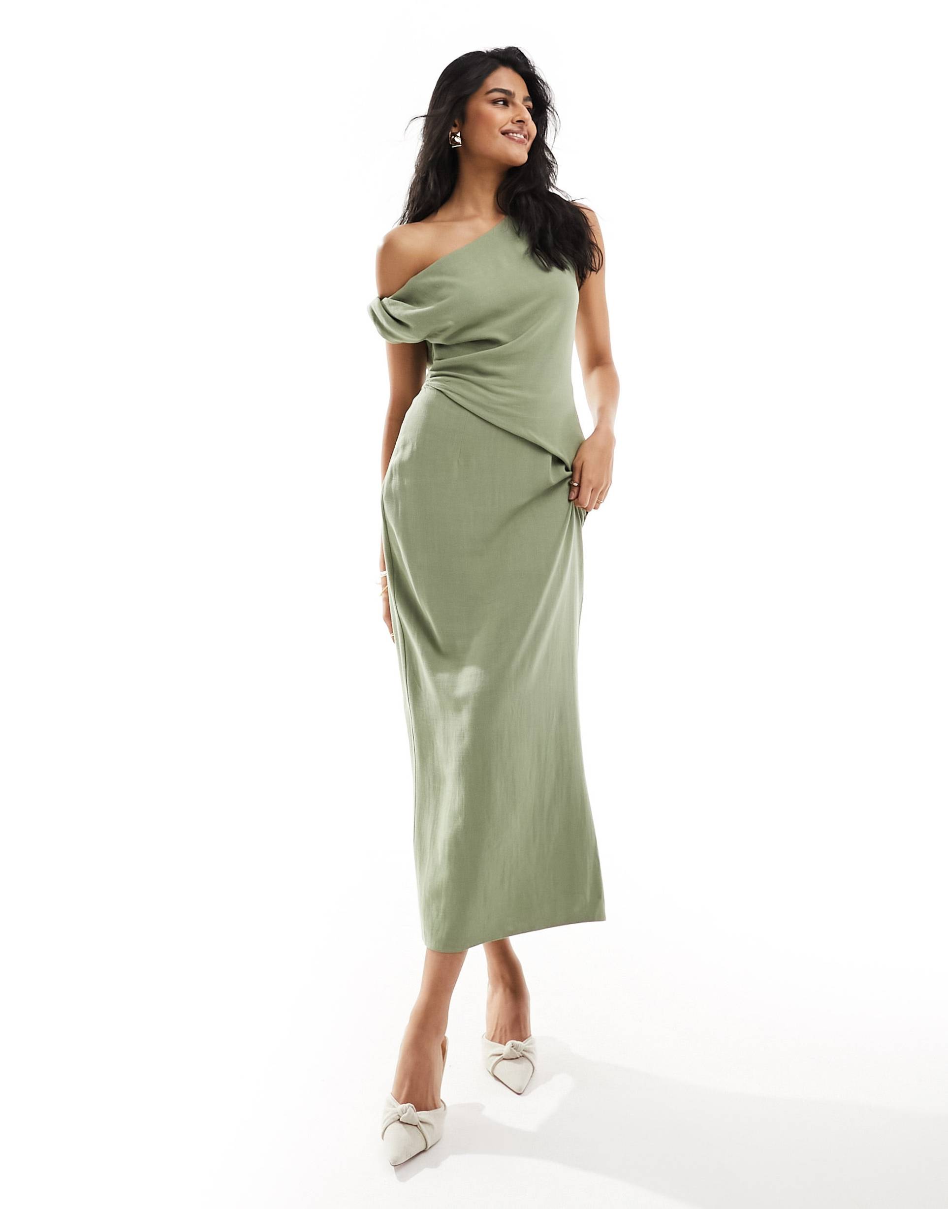 asos design fallen shoulder linen look midi dress with pleat waist in sage