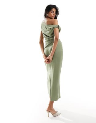 ASOS DESIGN fallen shoulder linen look midi dress with pleat waist in sage  | ASOS