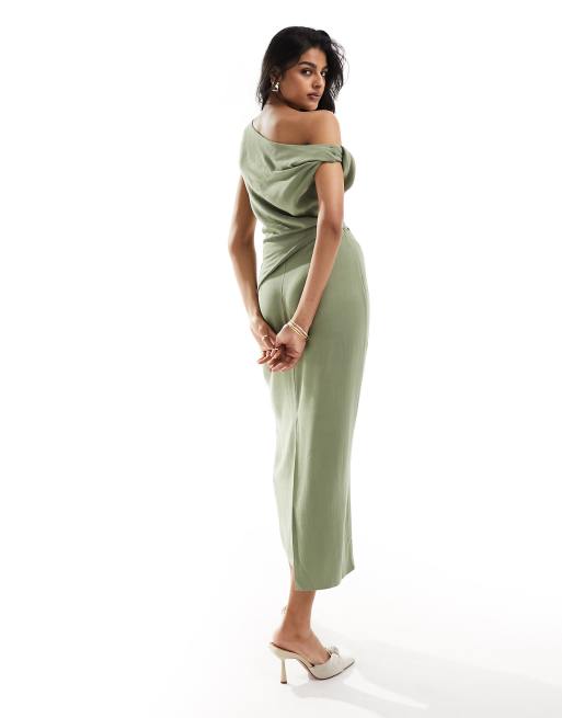 ASOS DESIGN fallen shoulder linen look midi dress with pleat waist in sage