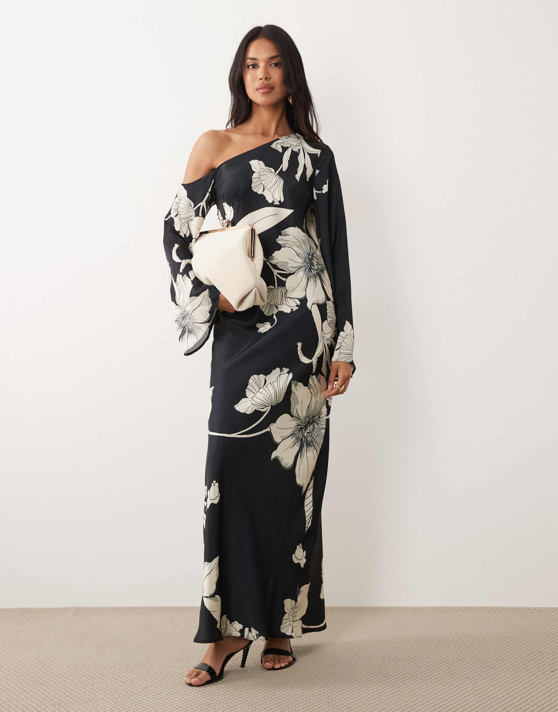 asos design fallen shoulder long sleeve column maxi dress in mono floral print