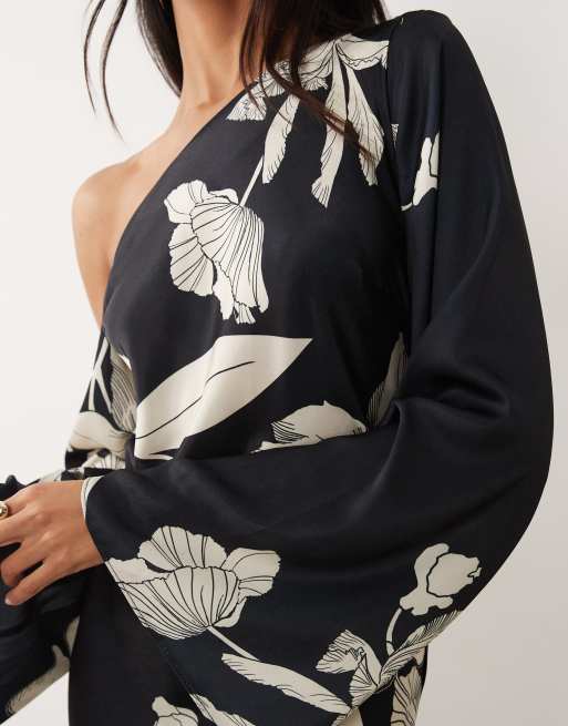 ASOS DESIGN fallen shoulder long sleeve column maxi dress in mono floral print, 3 of 4