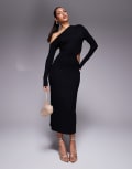 [ASOS DESIGN] ASOS DESIGN fallen shoulder long sleeve ruched cut out midi dress in black M Black