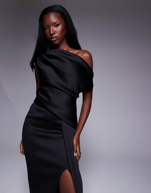 ASOS DESIGN fallen shoulder manipulated fold midi dress in black in scuba-style fabric, 2 of 4