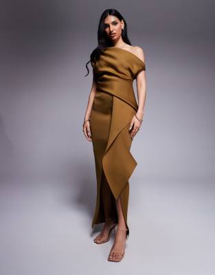 ASOS DESIGN fallen shoulder manipulated fold midi dress in bronze in scuba-style fabric-Brown