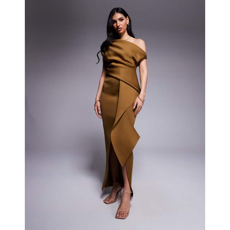 asos design fallen shoulder plisse midi dress ASOS DESIGN Plisse Fallen Shoulder Midi Dress In Rust main image 1