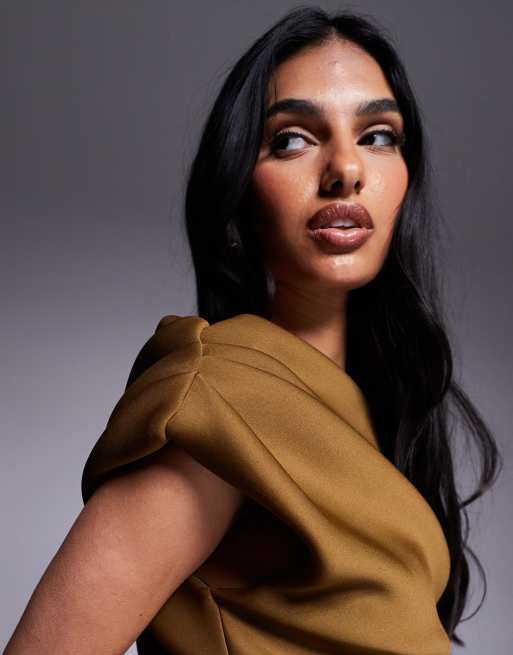ASOS DESIGN scuba fallen shoulder manipulated folds maxi dress in bronze
