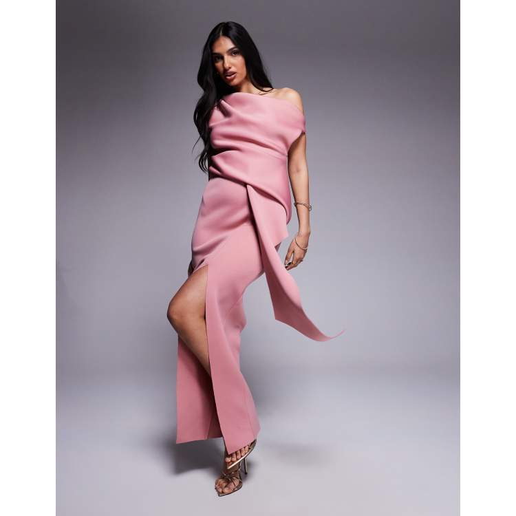 asos design fold back crop top midi prom dress ASOS DESIGN fold over bandeau midi dress with asymmetric detailing in pink