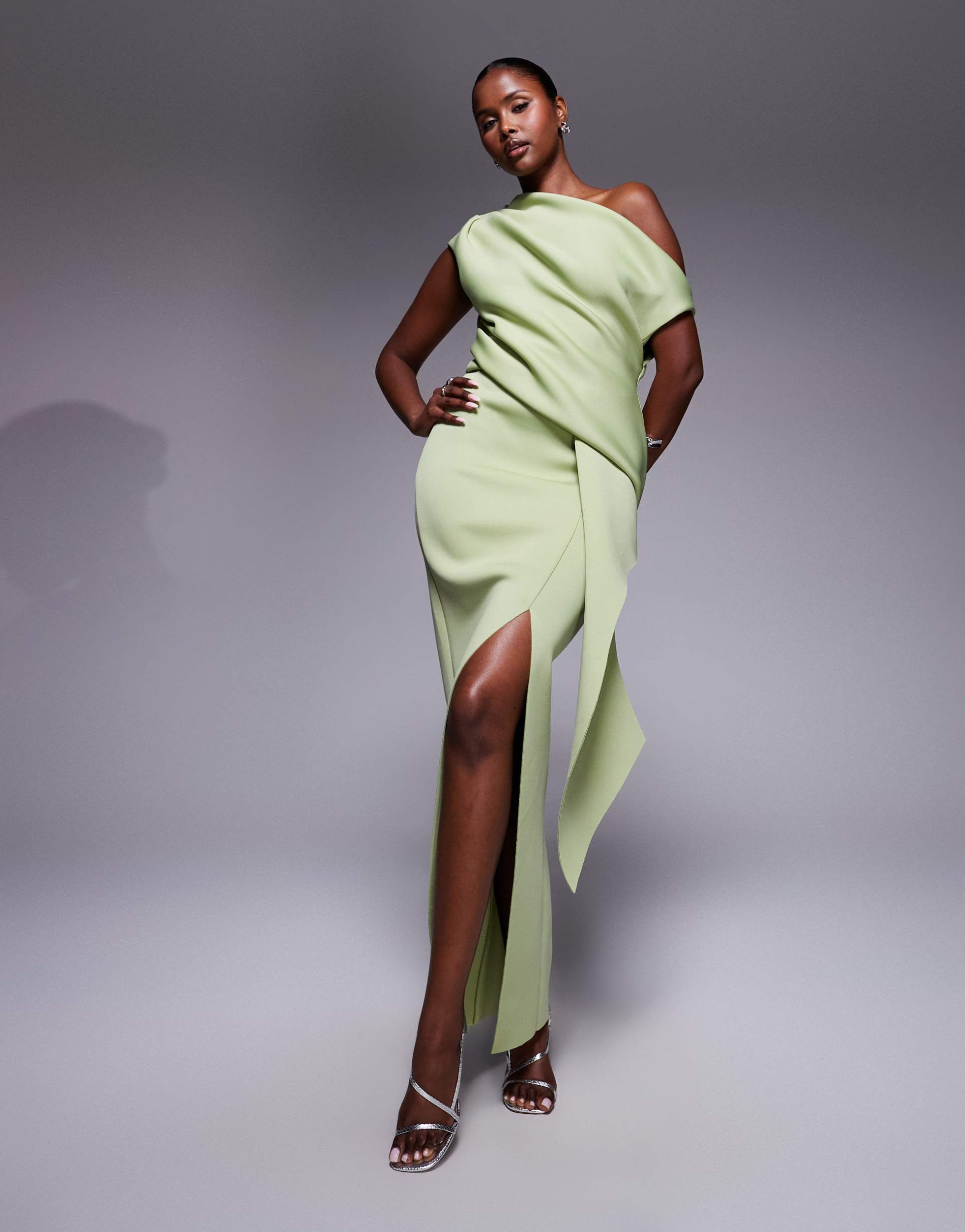 asos design fallen shoulder manipulated fold midi dress in sage in scuba-style fabric