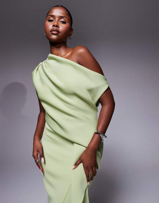 ASOS DESIGN fallen shoulder manipulated fold midi dress in sage in scuba-style fabric, 3 of 4