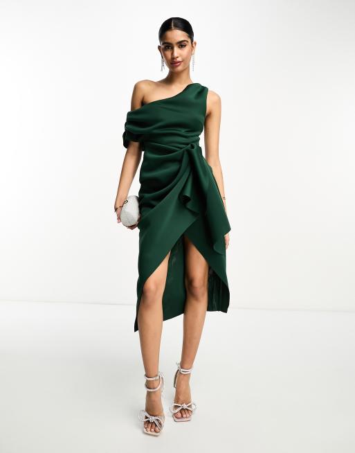 ASOS DESIGN fallen shoulder manipulated tuck bodycon midi dress in forest green ASOS