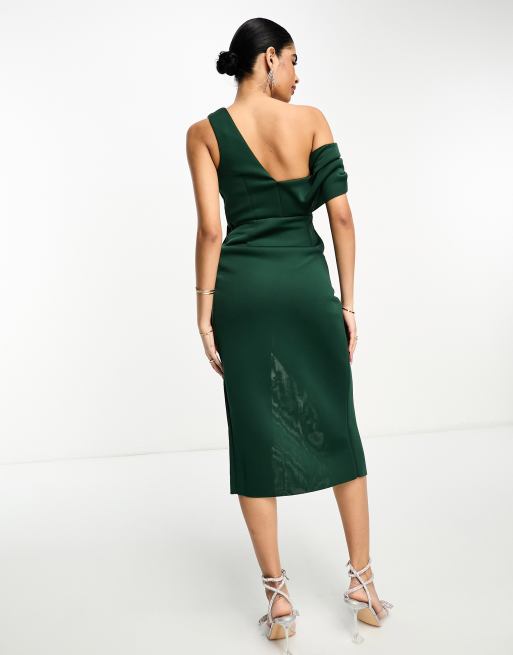 asos fallen shoulder dress Asos Design Off Shoulder Corset Midi Dress In Olive main image 0