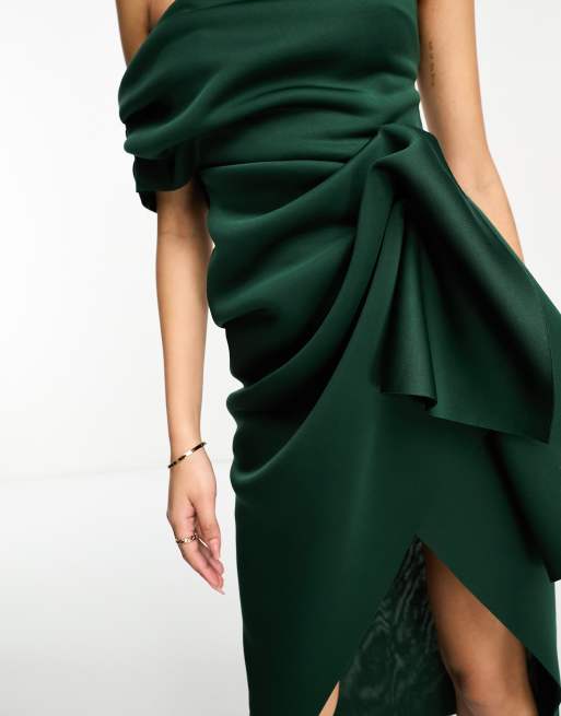 ASOS DESIGN fallen shoulder manipulated tuck bodycon midi dress in forest  green | ASOS